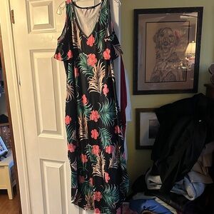 Floral Tropical Maxi Dress in Black with Pink Accents